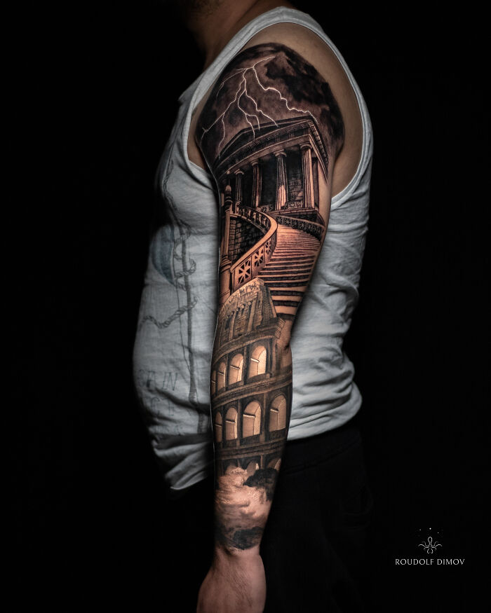 Rockin’ Roman Architecture Tattoo Sleeve