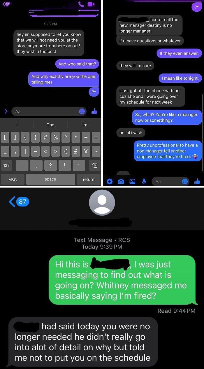 Owner’s Brother Didn’t Want Me There, So a Regular Employee Fired Me (By Text)