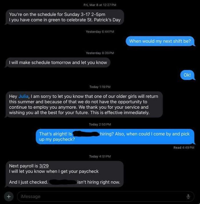 Fired After My First Day Because Someone Else Got Rehired—Is That Legal?