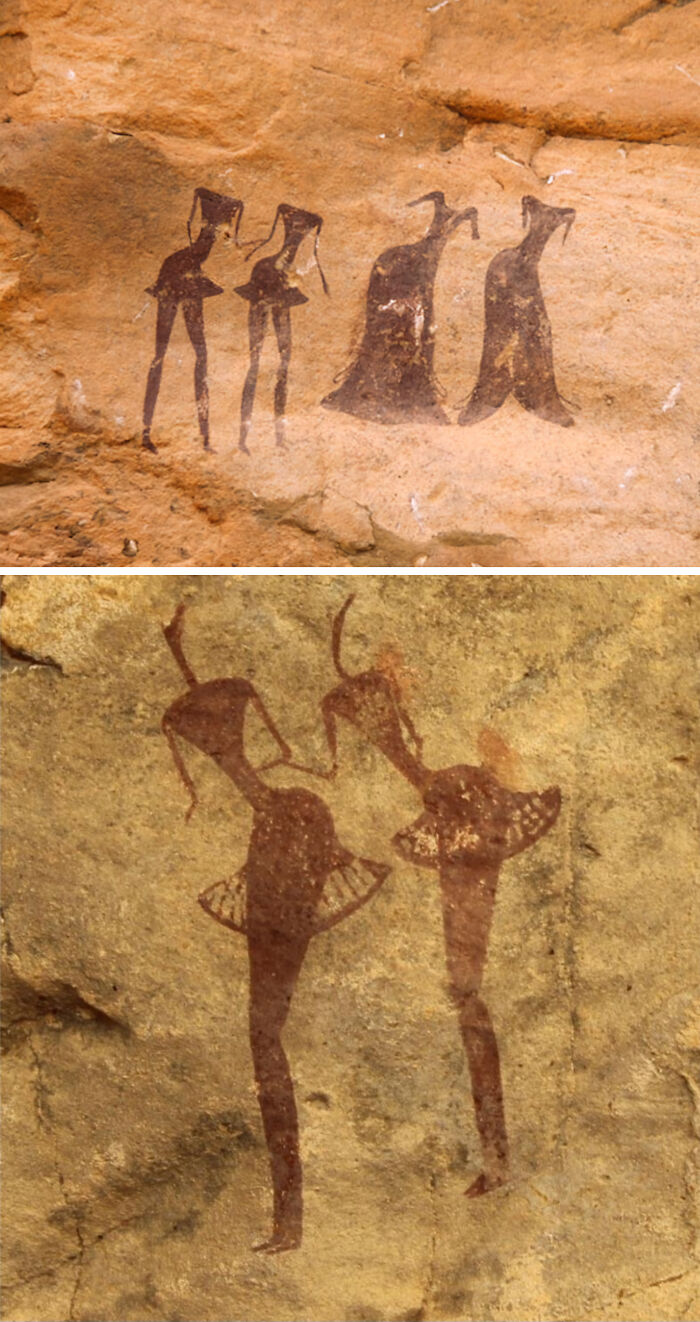 Ancient Paintings Featuring Ladies in Flowing Dresses and Warriors in Tassili N'Ajjer
