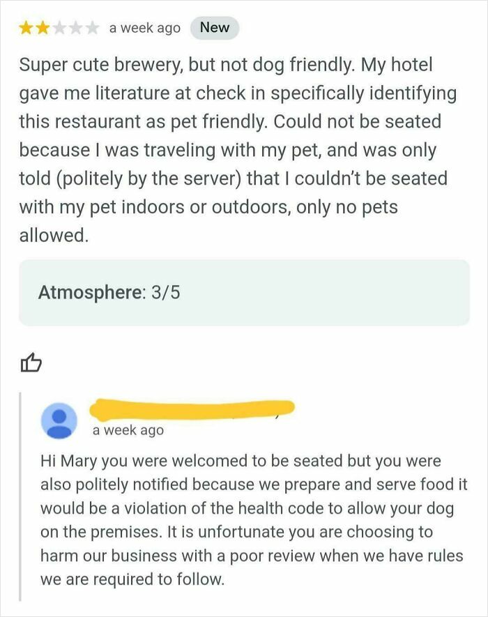 Bad Review Because No Dogs Allowed? Really?
