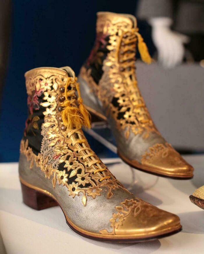 Snazzy 1890s Mens Shoes Made From Silvery Leather, Black Silk, and Gold Bling