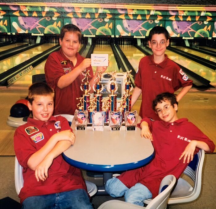 My Childhood Bowling Team Showing Off Our Trophies Like Pros