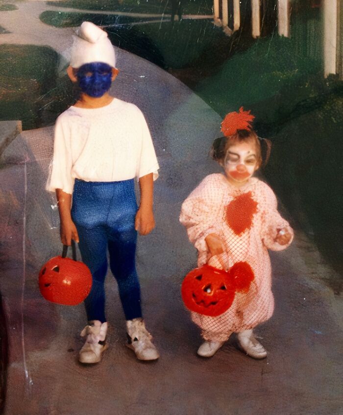 Me As A Smurf With My Clowning Little Sister, 1985