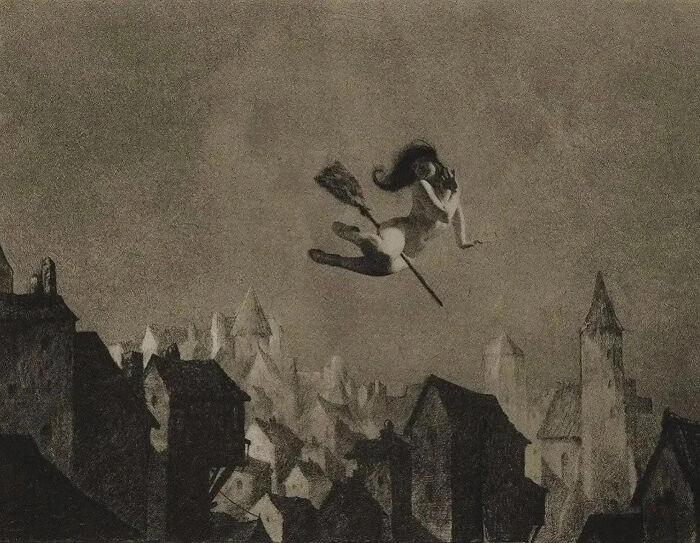 The Witch Flying Over Town, Circa 1928. Illustration By William Mortensen