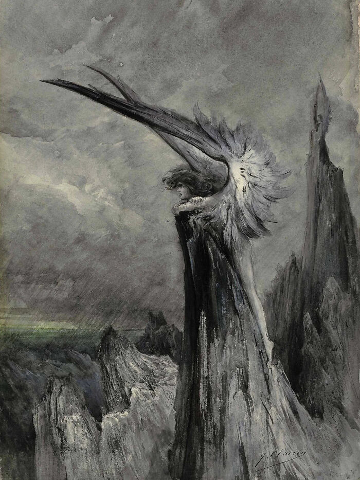 Winged Chimera On Cliffs, Circa Late 1800s By Georges Clairin
