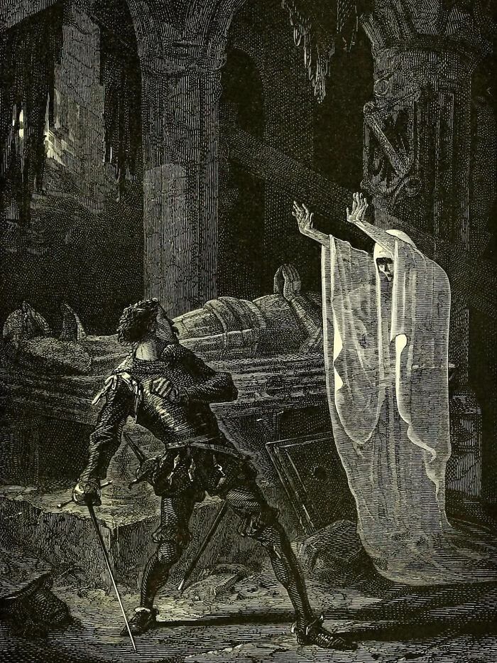 Knight Meets Ghost, 19th Century French Engraving