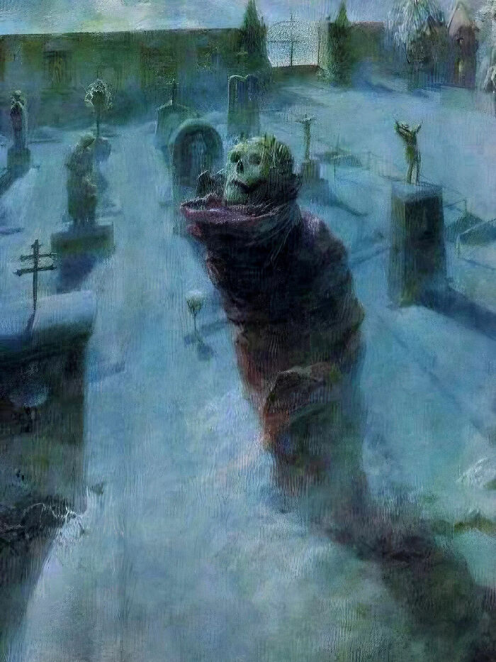 Ghostly Skeleton In Snowy Cemetery, Circa 1900s By Ferdinand Staeger (Swiss, 1880–1976)