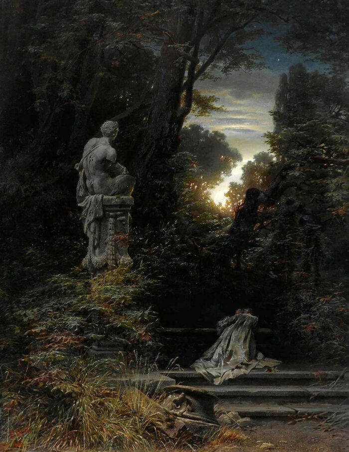 Woman At A Fountain Under The Moon, Circa 1866 By Ferdinand Knab