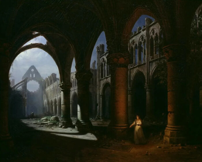 Gothic Abbey In Ruins With Lone Woman, Circa 1848 By Hippolyte Victor Valentin Sebron