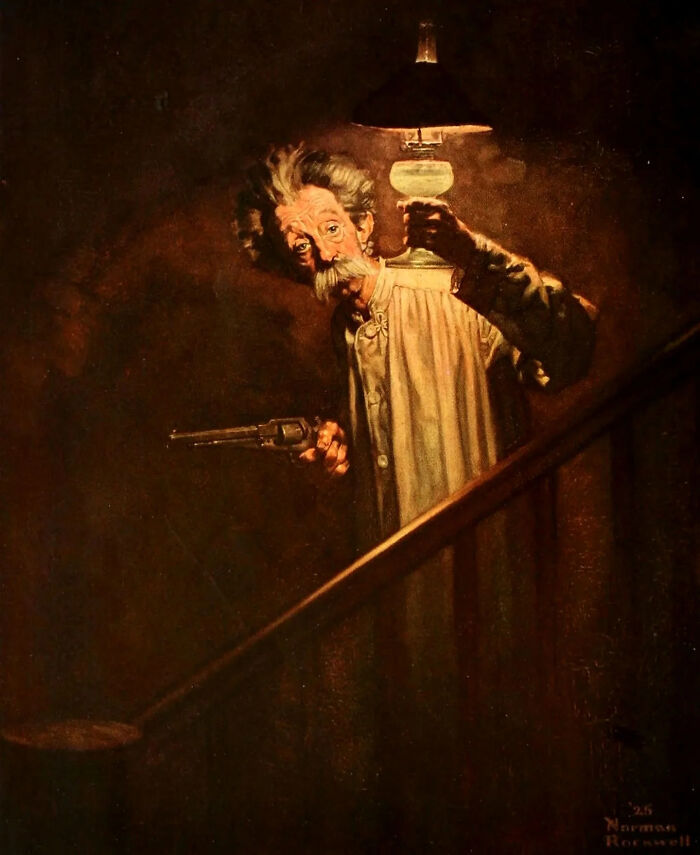 Older Man With Lantern And Revolver, Circa 1926 By Norman Rockwell