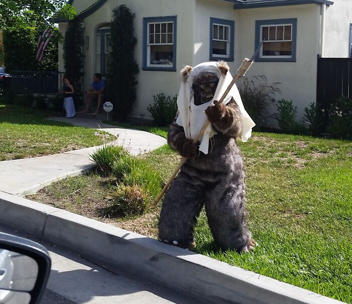 Guy Just Waving His Spear On The Sidewalk Like It's Totally Normal
