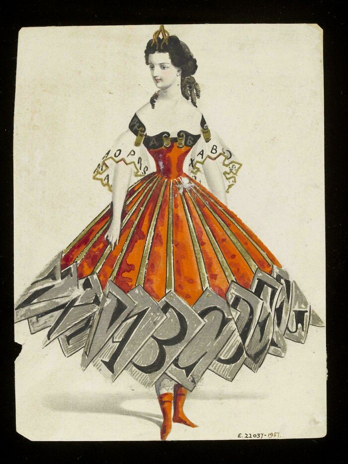 Fancy Dress Outfit With Silver Alphabet Cards Along The Hem, 1860s