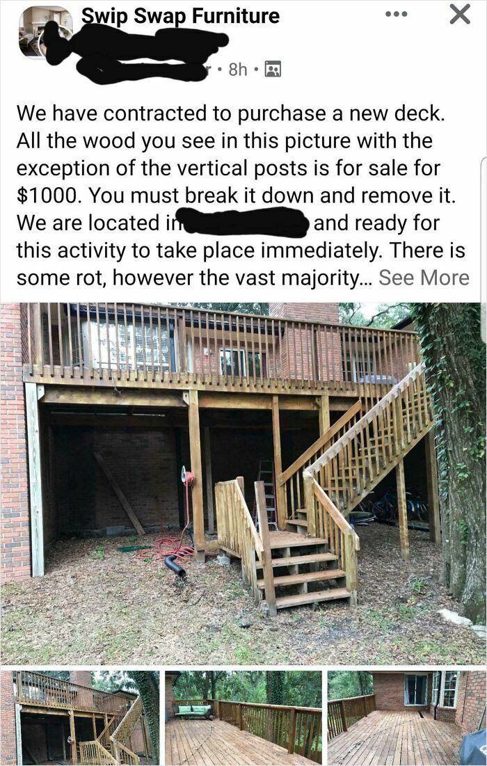 Looking To Get Paid To Remove Their Old Deck? That’s Not How It Works, Buddy.