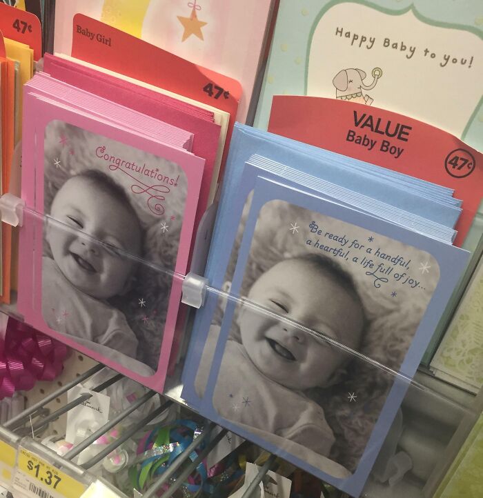 Same Baby on Both Congrats Cards—One for Boys, One for Girls