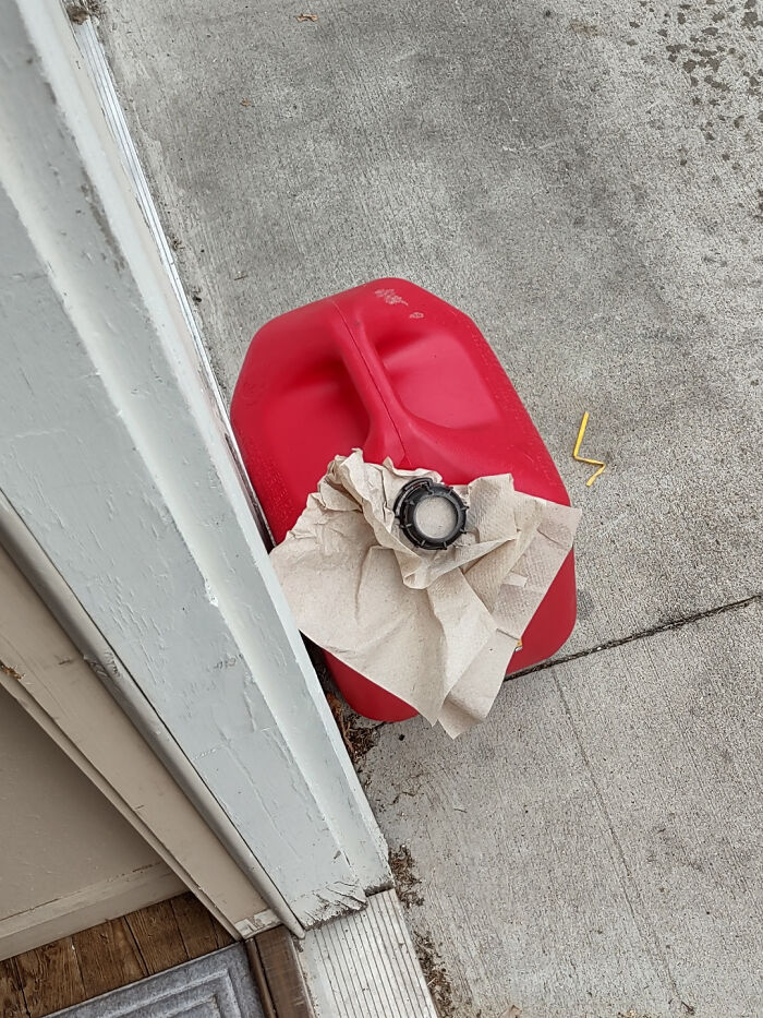 Neighbors Using Gas Can 'Makeshift' Lid Next to My Front Door. Fire Hazard? Yep.