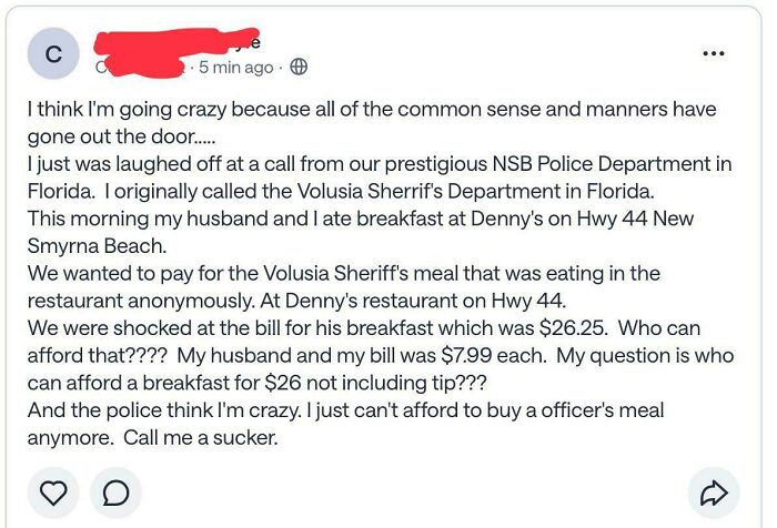 Wants To Pay For Sheriff’s Meal — Bill Was Too High