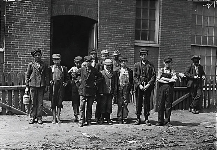 1911 Workers Group Photo: Boy on Right Using a Phone Like a Pro