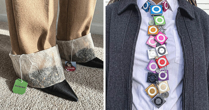 Close-up of two unique everyday things turned into weirdly cool gadgets: tea bag shoes and a colorful iPod necklace.