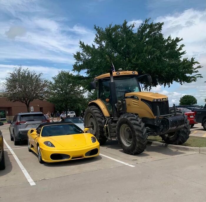 Only In Texas: Ferrari and Tractor Park Side-By-Side After School