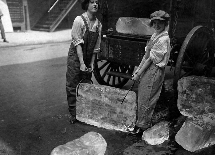 Two Ladies Hauling Ice Blocks, September 1918