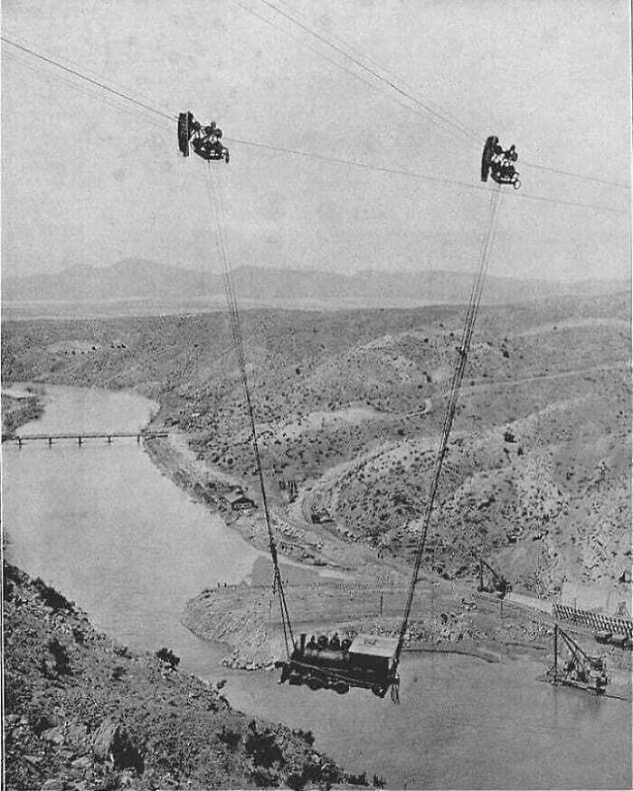 Train Transported Over Rio Grande on a Cable, New Mexico 1915