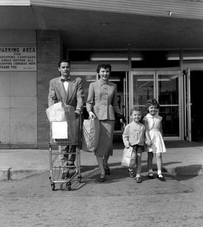 Family Shopping Trip, 1950s Style with Grocery Cart