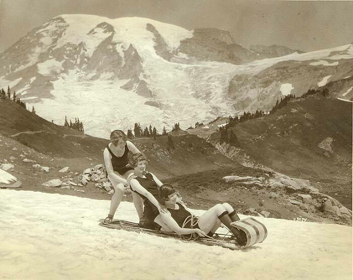 Ladies Tobogganing In Swimsuits On Snow, 1925