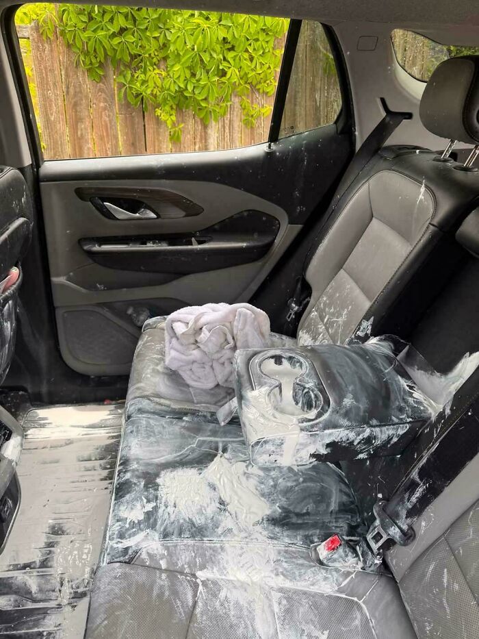 Kid Opened 3 Gallons Of Paint Inside The Truck. Good Luck Cleaning That Up