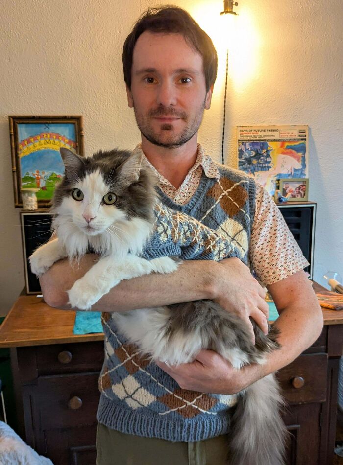 Matching Sweater Vests For My Husband And Our Cat!