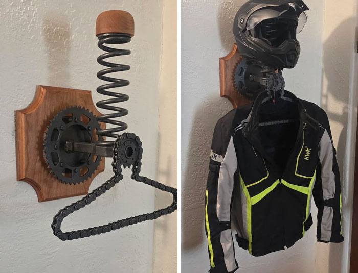 Recycled Motorcycle Parts Into a Cool Gear Hanger—Two Wheels for the Price of One!