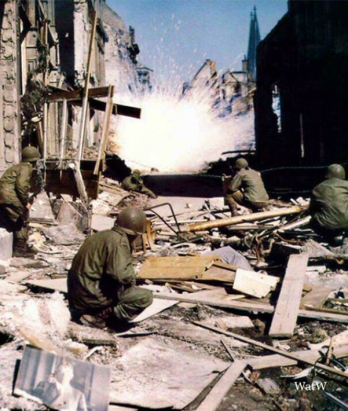 US Infantry Ducks as White Phosphorus Explodes Nearby, Cologne, 1945 – Stay Low!