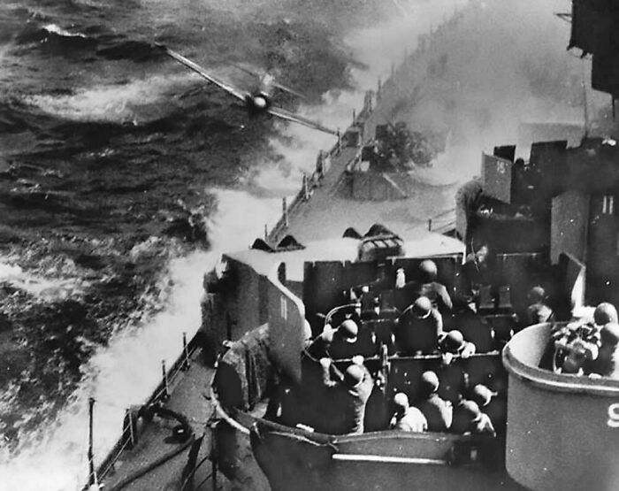 Kamikaze Plane Hits USS Missouri Deck, Pilot Flies Off in Pieces, April 1945