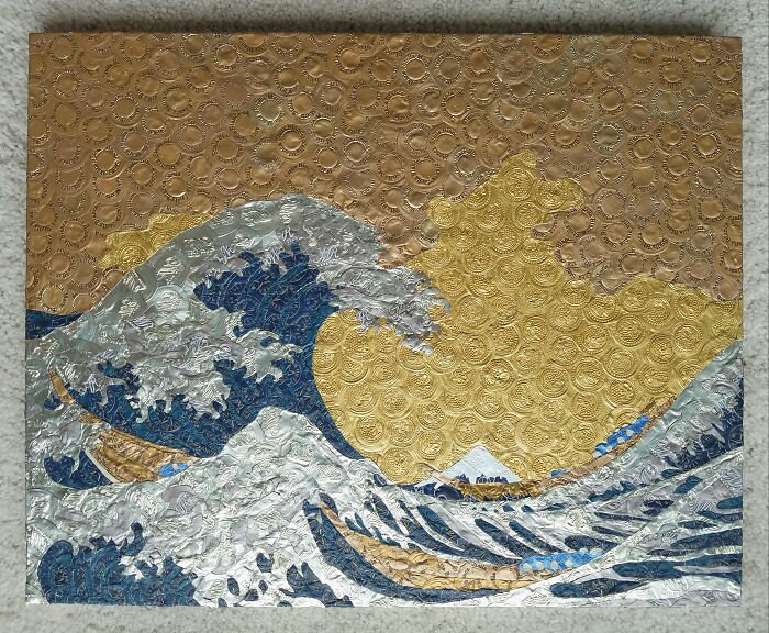 "Hokusai's Great Wave" Crafted From Recycled Wine Foils