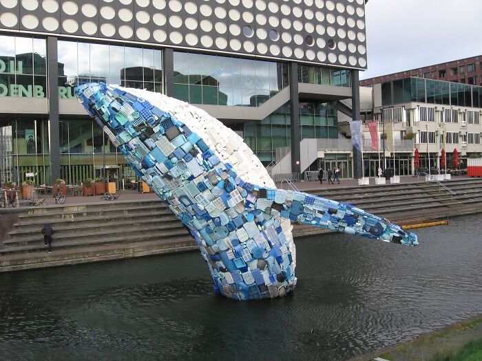 Whale Sculpture Made From Recycled Plastic In Dutch Canal
