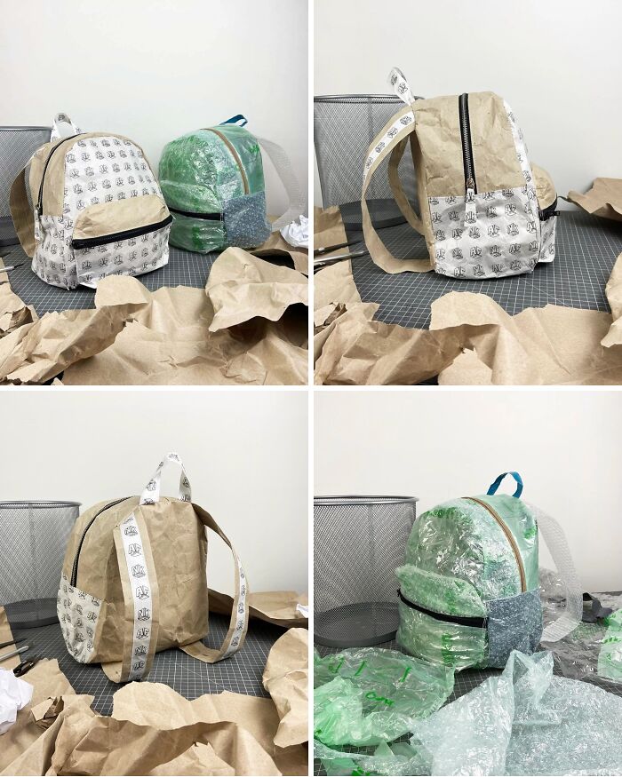 Rucksacks Sewn From Tons Of Recycled Packaging (Not Practical But Cool)