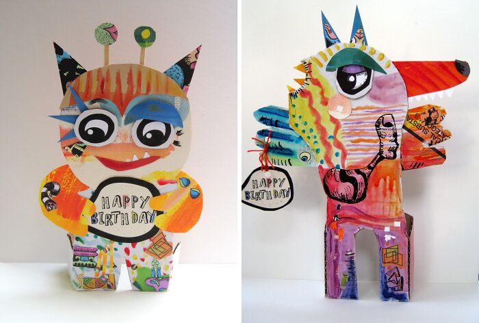 Paper Monsters Made From Recycled Cardboard And Painted Watercolors