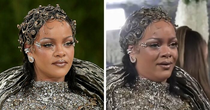 Celebrity at Met Gala, elaborate jeweled headpiece and outfit shown in glamorous Instagram photo vs real life moment.