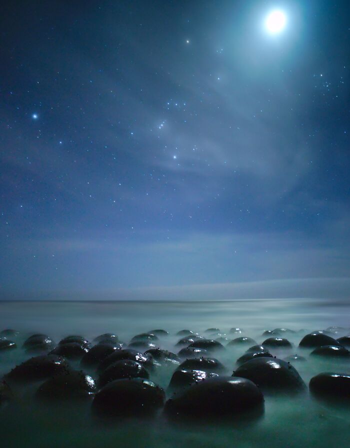 Moon And Orion Hanging Out Over Alien Rocks on Cali Coast