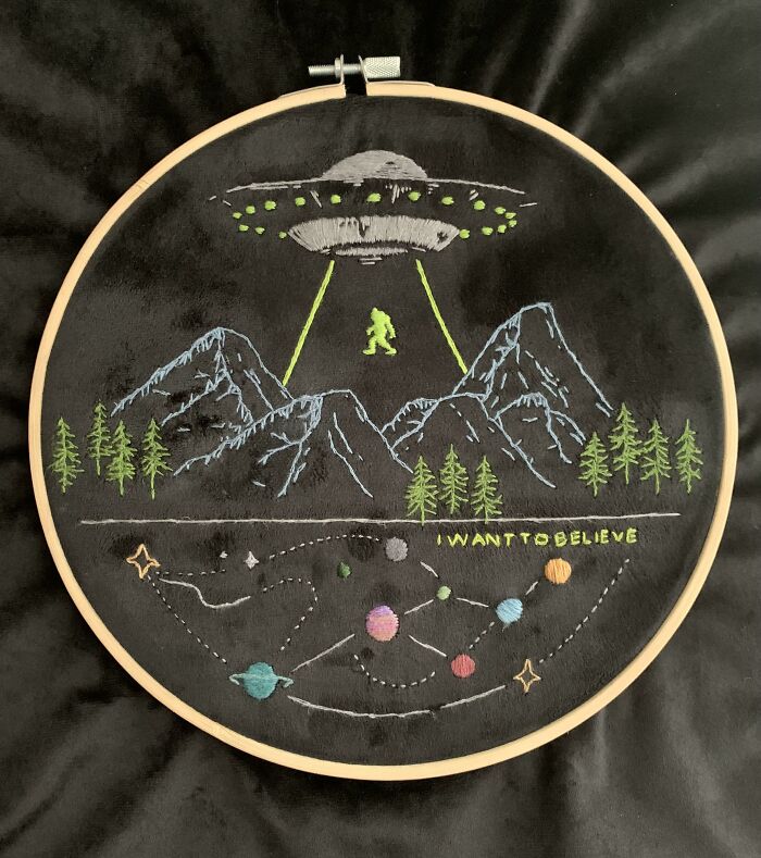 Got Inspired by All These UAP Sightings and Made This Embroidery—Sasquatch Included