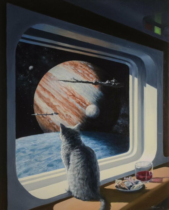 A Cat Stargazing at Jupiter From a Space Station – Because Why Not?