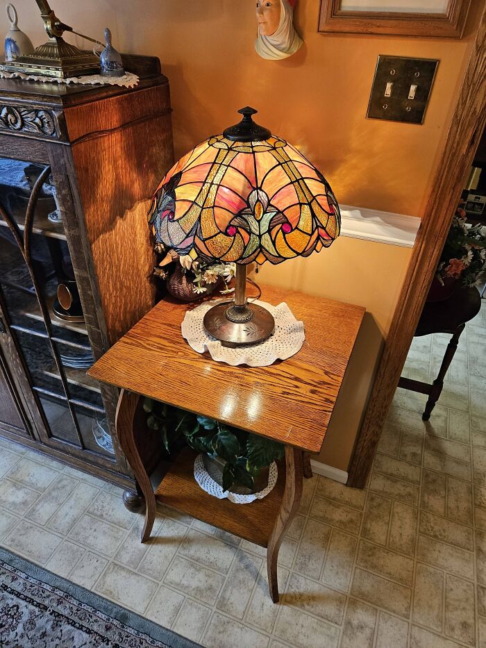 Signed Bradley & Hubbard Table Lamp Base With Stained Glass Shade