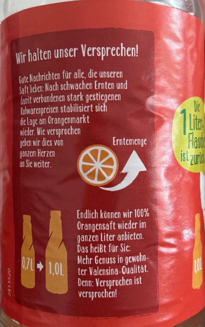 German Orange Juice Brand Said 'No Way' to Shrinking — Back to 1L From 0.7L!