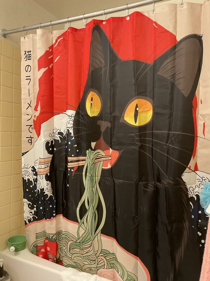 This Demented Cat Eating Ramen Shower Curtain Is Peak Weirdness