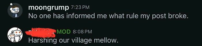 Banned For "Harshing The Village Mellow"