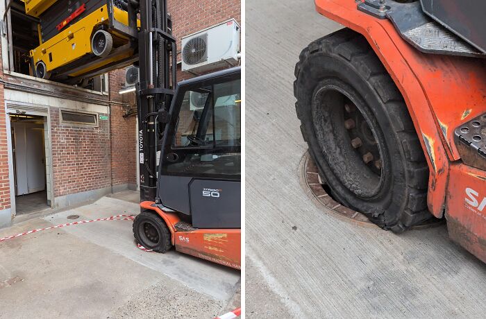 Forklift + Wrong Manhole Cover... What Could Go Wrong?