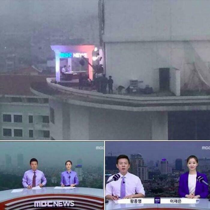 Korean News Team Films on a Building Roof Instead of Using a Green Screen—Gutsy!