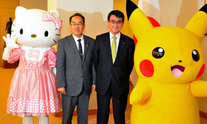 Japanese President Hanging Out with Ambassadors… and Pikachu and Hello Kitty!