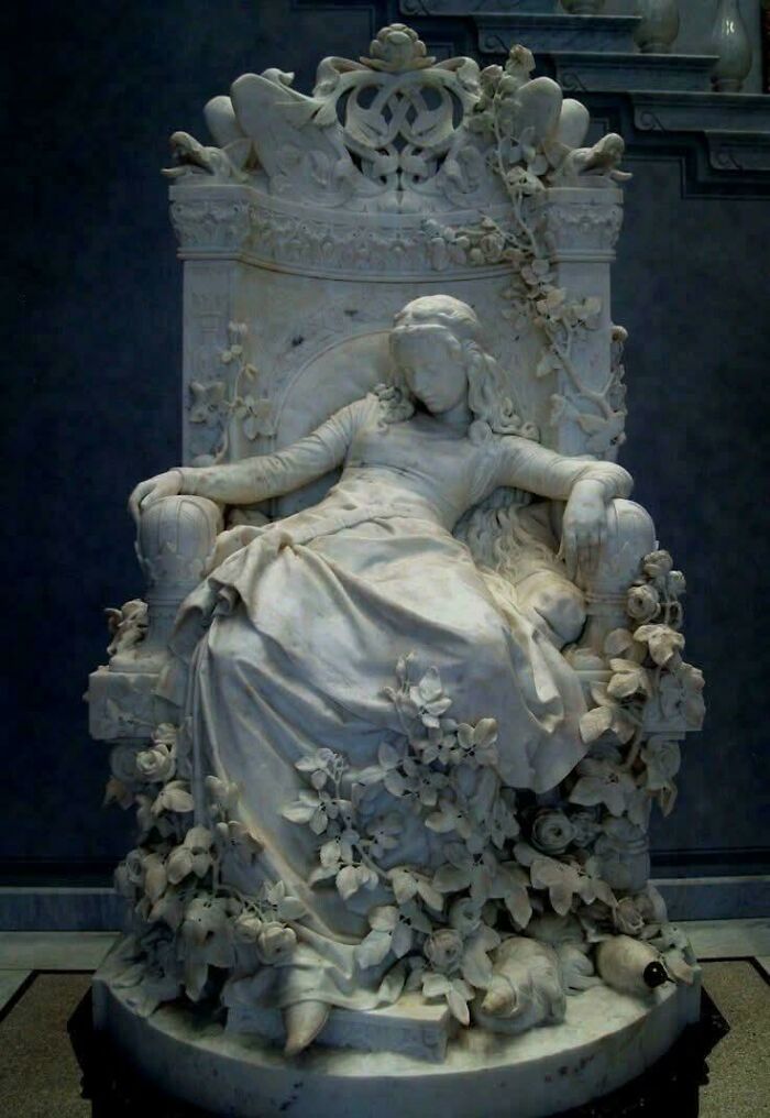 Sleeping Beauty Marble Statue Surrounded By Roses (No Snoring)