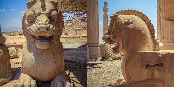 Ancient Stone Lion With A Two-Faced Mood: Smile From The Front, Roar From The Side